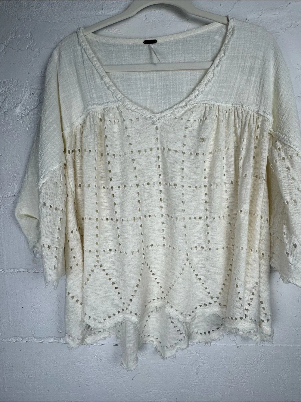 Free People Summer Lovin Top Blouse Linen Blend Frayed Trim M Raw Hem Distressed